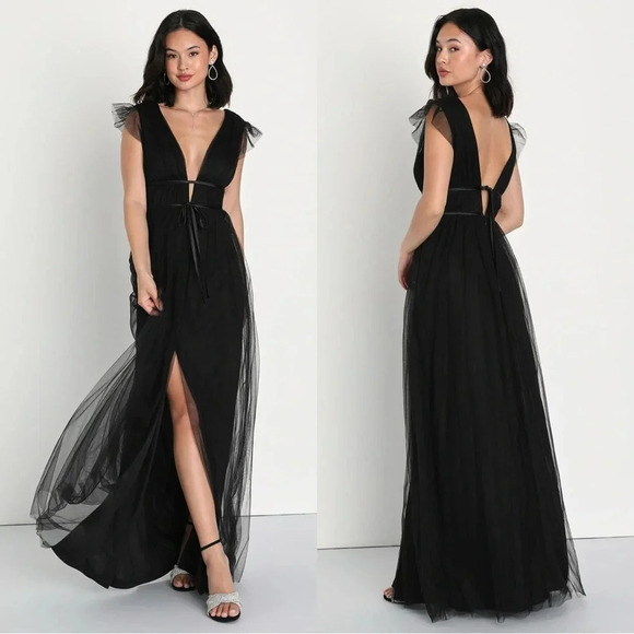 Sz L‎ - NWOT Lulus Dress I'm All Yours Black Tulle Ruffled Maxi Dress - Picture 1 of 9